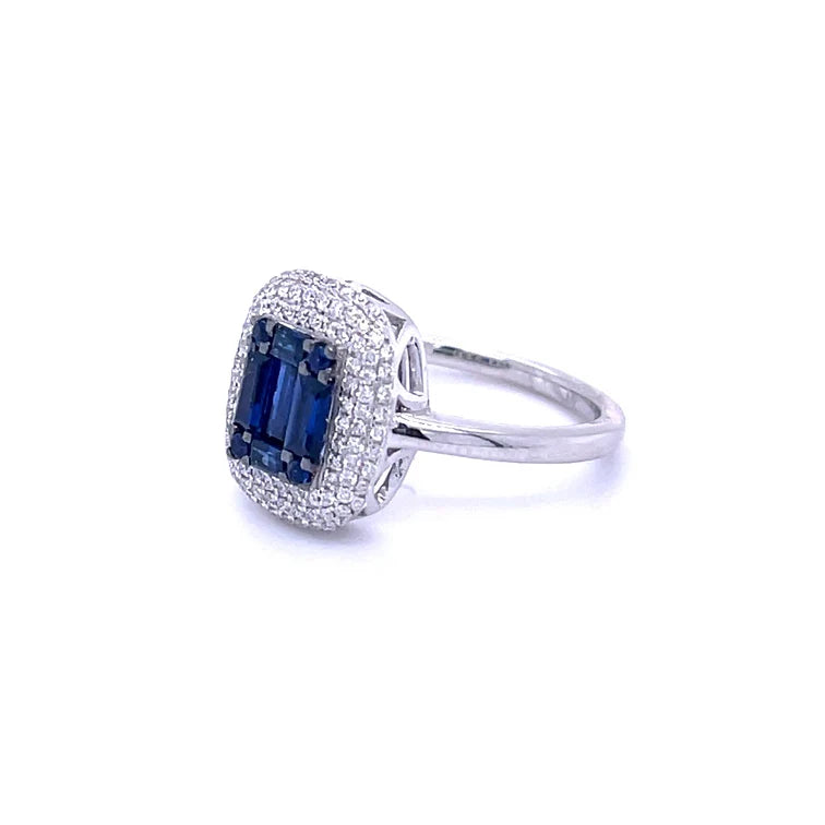 18KT WHITE GOLD BLUE SAPPHIRE BAGUETTE DIAMOND RING