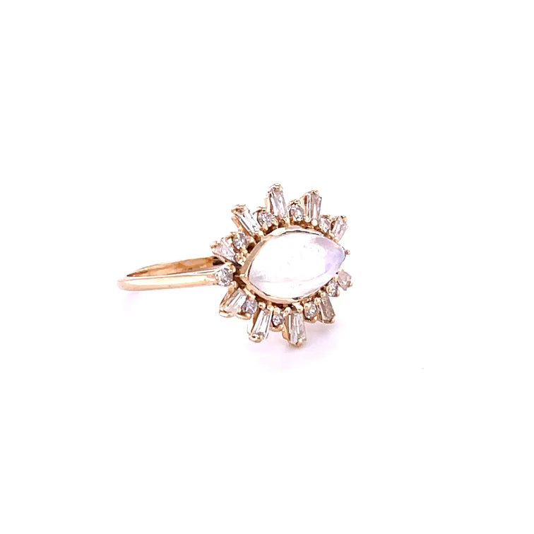14KT YELLOW GOLD RAINBOW MOONSTONE WITH DIAMONDS RING