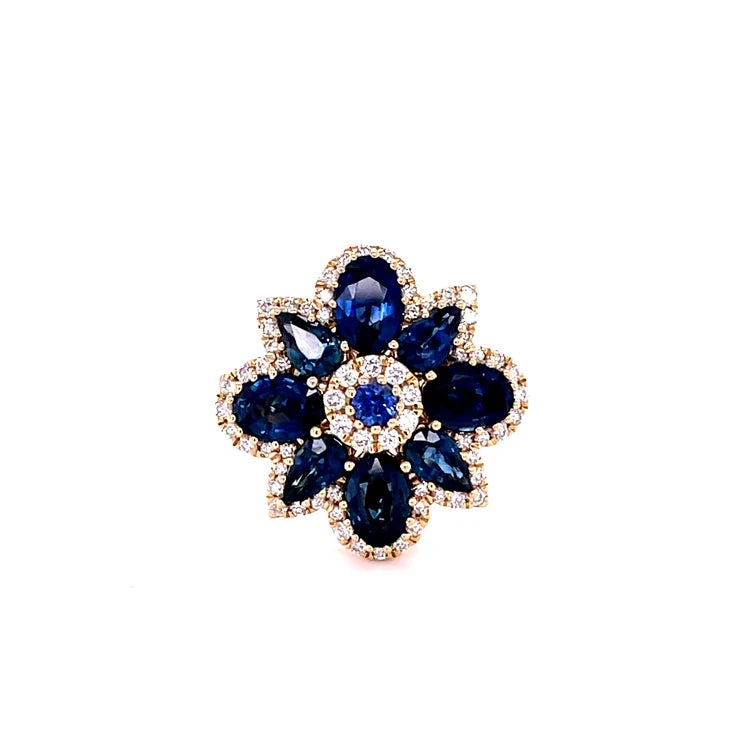 14KT YELLOW GOLD BLUE SAPPHIRE FLOWER WITH DIAMONDS RING