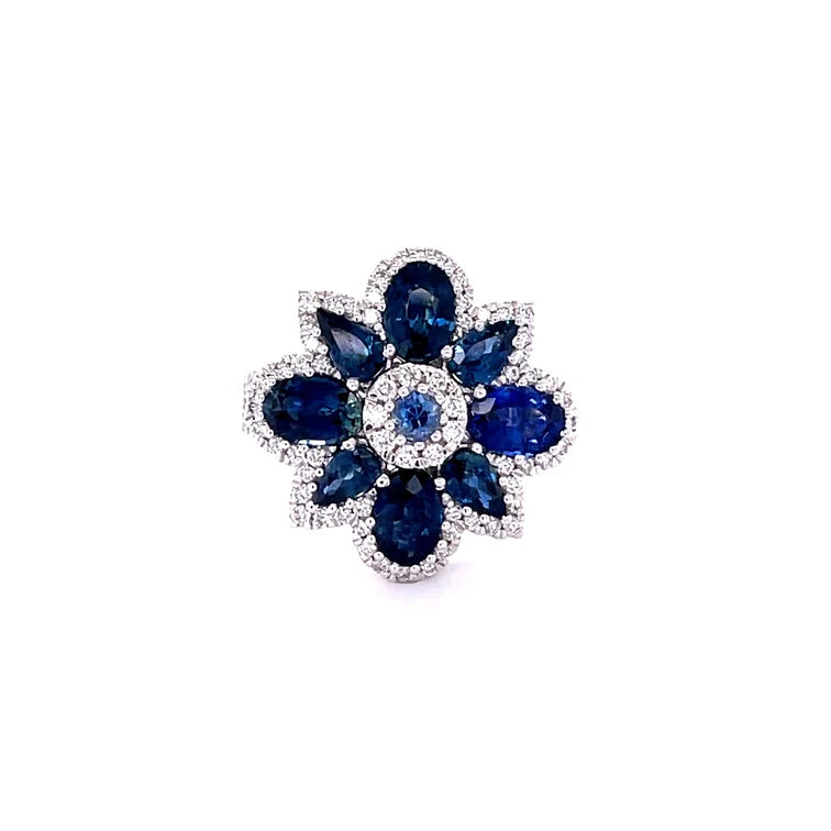 14KT WHITE GOLD BLUE SAPPHIRE FLOWER WITH DIAMONDS RING