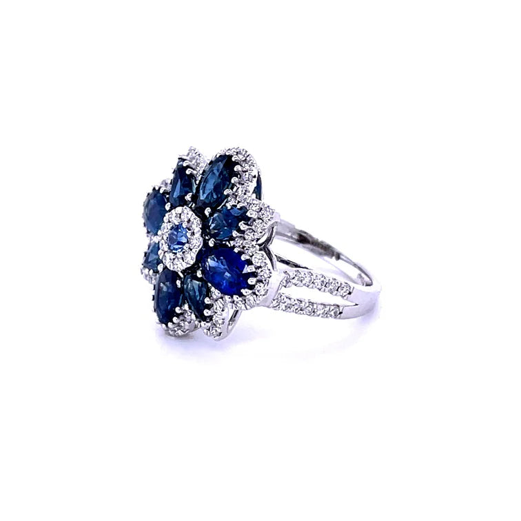14KT WHITE GOLD BLUE SAPPHIRE FLOWER WITH DIAMONDS RING
