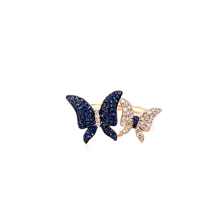 14KT YELLOW GOLD BUTTERFLY WITH BLUE SAPPHIRE AND DIAMONDS RING