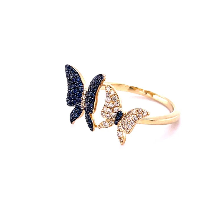 14KT YELLOW GOLD BUTTERFLY WITH BLUE SAPPHIRE AND DIAMONDS RING