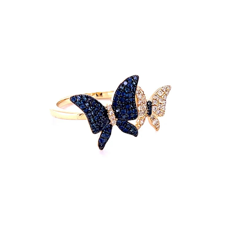 14KT YELLOW GOLD BUTTERFLY WITH BLUE SAPPHIRE AND DIAMONDS RING