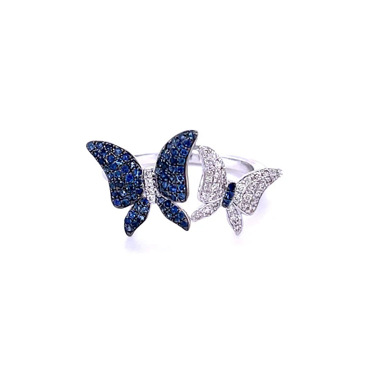 14KT WHITE GOLD BUTTERFLY WITH BLUE SAPPHIRE AND DIAMONDS RING
