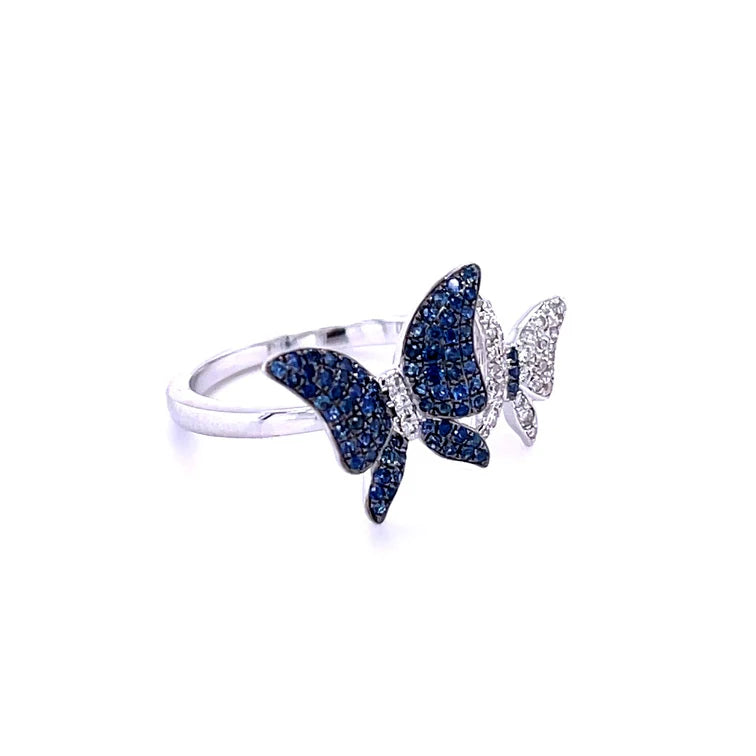 14KT WHITE GOLD BUTTERFLY WITH BLUE SAPPHIRE AND DIAMONDS RING