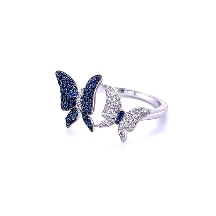 14KT WHITE GOLD BUTTERFLY WITH BLUE SAPPHIRE AND DIAMONDS RING