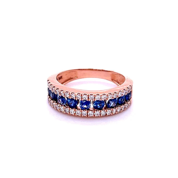 14KT ROSE GOLD DIAMOND AND BLUE SAPPHIRE RING