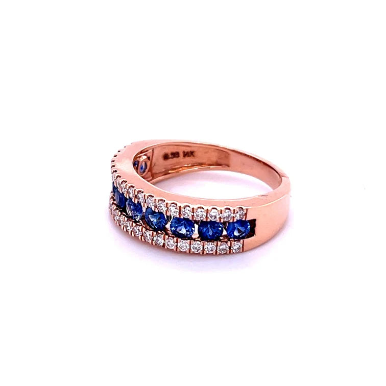 14KT ROSE GOLD DIAMOND AND BLUE SAPPHIRE RING