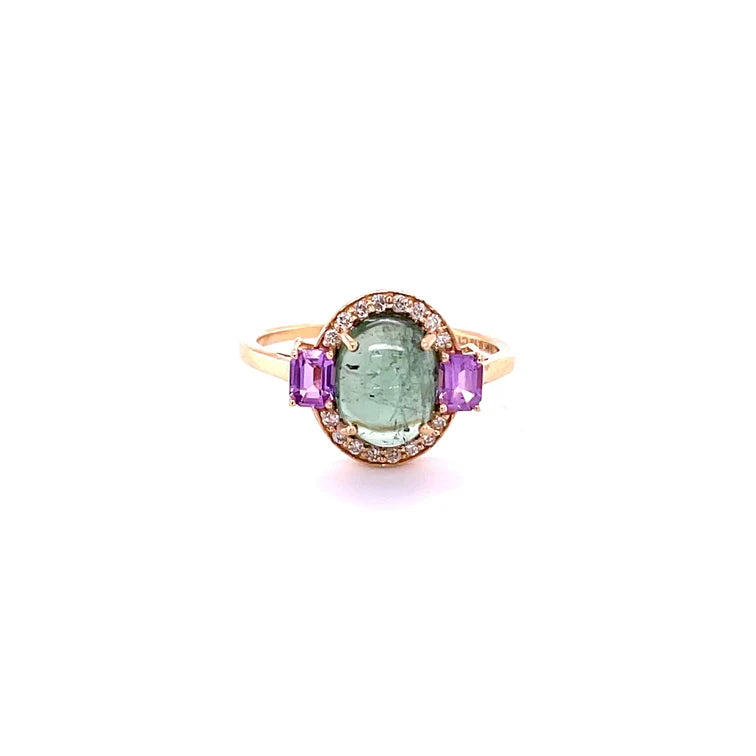 14KT YELLOW GOLD TOURMALINE WITH DIAMONDS AND SAPPHIRE RING