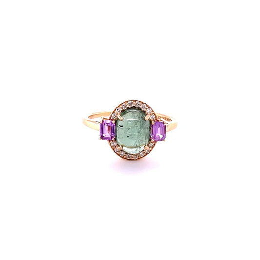 14KT YELLOW GOLD TOURMALINE WITH DIAMONDS AND SAPPHIRE RING