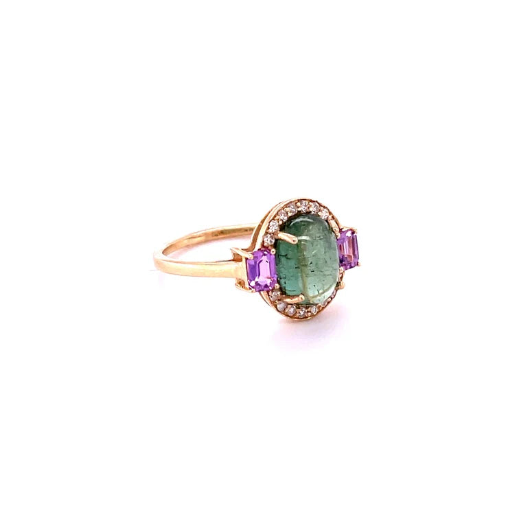 14KT YELLOW GOLD TOURMALINE WITH DIAMONDS AND SAPPHIRE RING