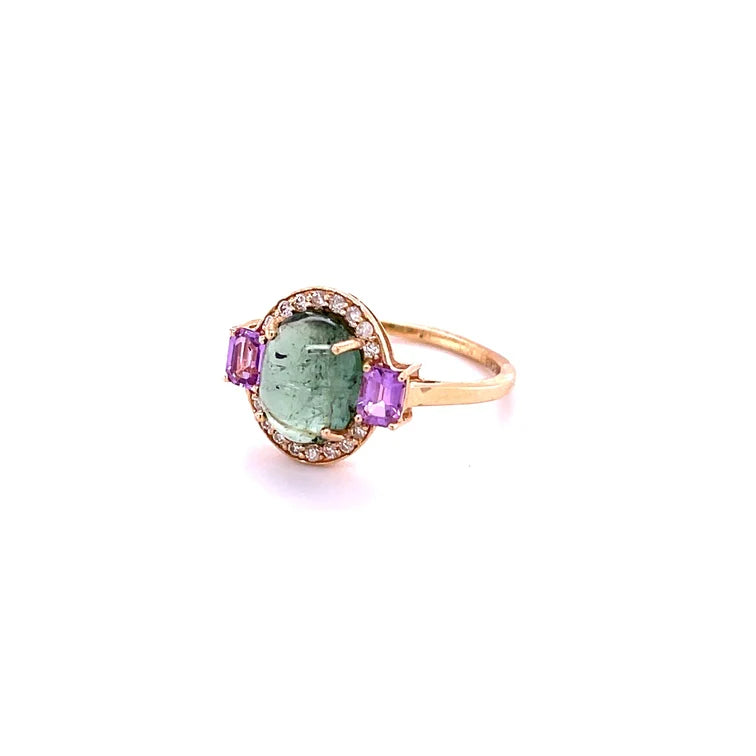 14KT YELLOW GOLD TOURMALINE WITH DIAMONDS AND SAPPHIRE RING