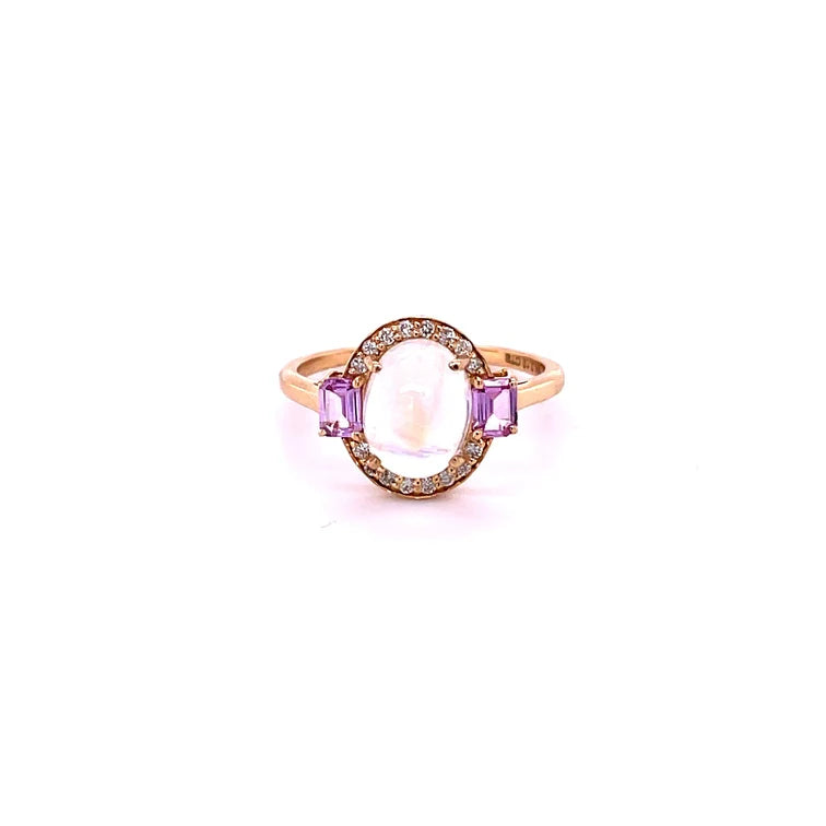 14KT YELLOW GOLD RAINBOW MOONSTONE WITH DIAMONDS AND SAPPHIRE RING