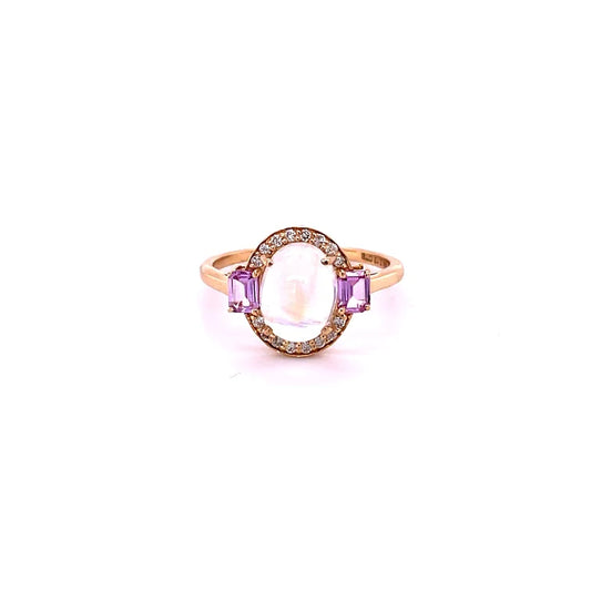 14KT YELLOW GOLD RAINBOW MOONSTONE WITH DIAMONDS AND SAPPHIRE RING