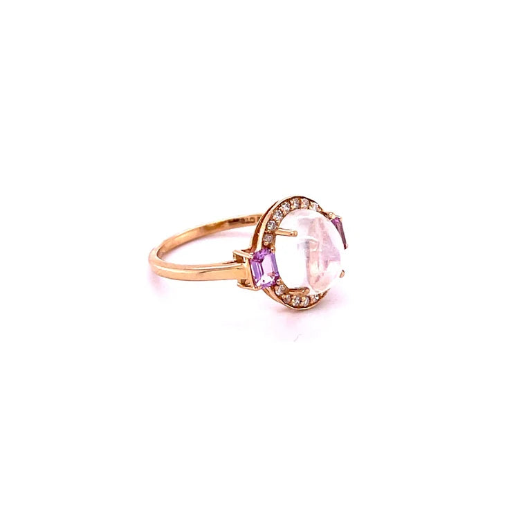 14KT YELLOW GOLD RAINBOW MOONSTONE WITH DIAMONDS AND SAPPHIRE RING