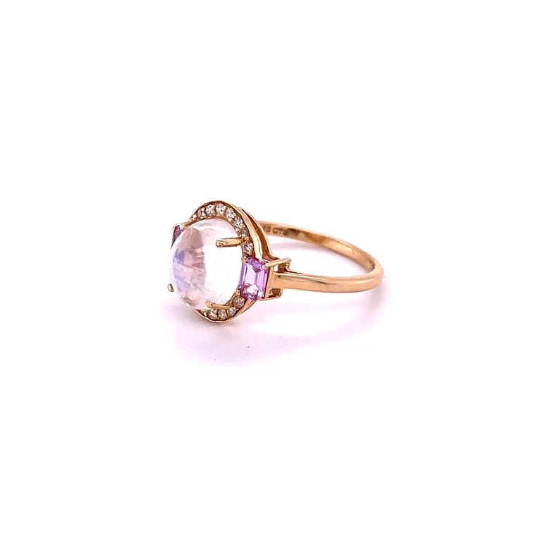14KT YELLOW GOLD RAINBOW MOONSTONE WITH DIAMONDS AND SAPPHIRE RING