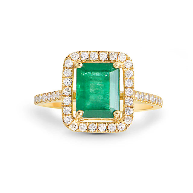 14K EMERALD CUT EMERALD DIAMONG HALO RING