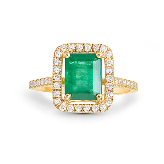 14K EMERALD CUT EMERALD DIAMONG HALO RING