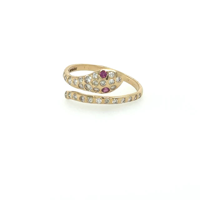 YELLOW GOLD SNAKE RING WITH RUBY AND DIAMONDS