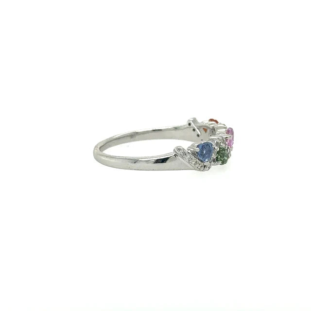 14KT WHITE GOLD RING WITH MULTI SAPPHIRE AND DIAMONDS