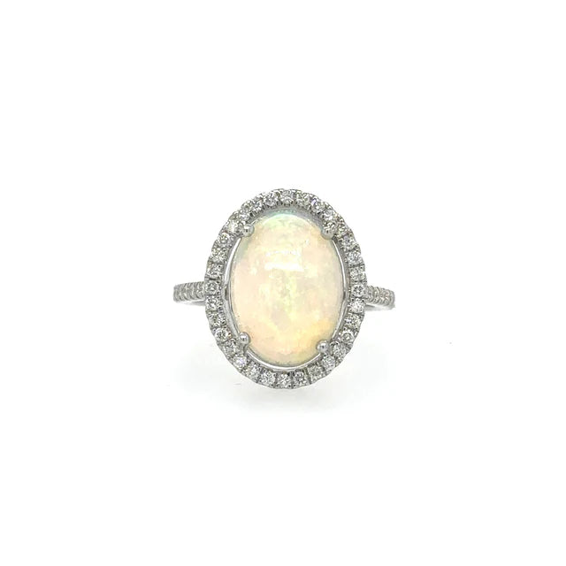 14KT WHITE GOLD OPAL RING WITH DIAMONDS