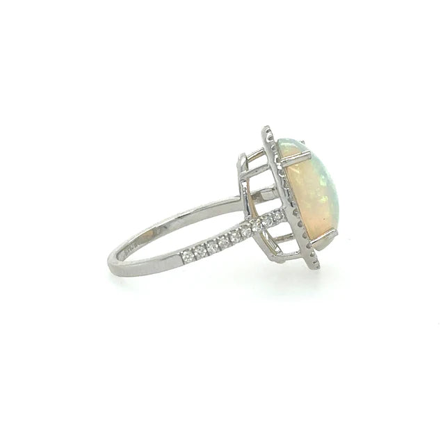 14KT WHITE GOLD OPAL RING WITH DIAMONDS