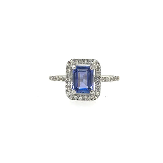 14KT WHITE GOLD TANZANITE EMERALD CUT RING WITH DIAMONDS