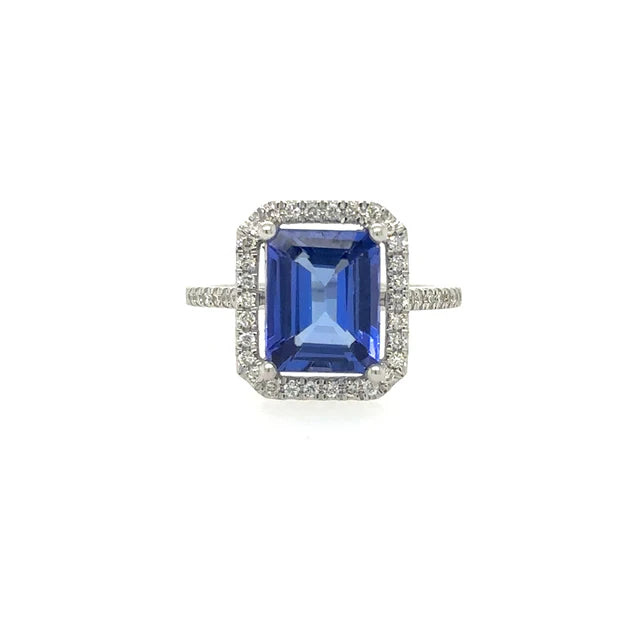 14KT WHITE GOLD TANZANITE EMERALD CUT RING WITH DIAMONDS