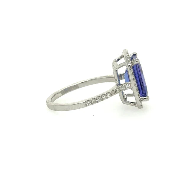 14KT WHITE GOLD TANZANITE EMERALD CUT RING WITH DIAMONDS