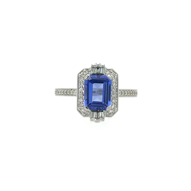 14KT WHITE GOLD TANZANITE EMERALD CUT RING WITH DIAMONDS