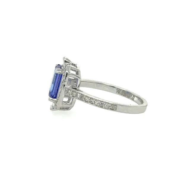 14KT WHITE GOLD TANZANITE EMERALD CUT RING WITH DIAMONDS
