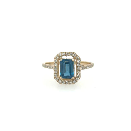 14KT YELLOW GOLD LONDON BLUE TOPAZ RING WITH DIAMONDS
