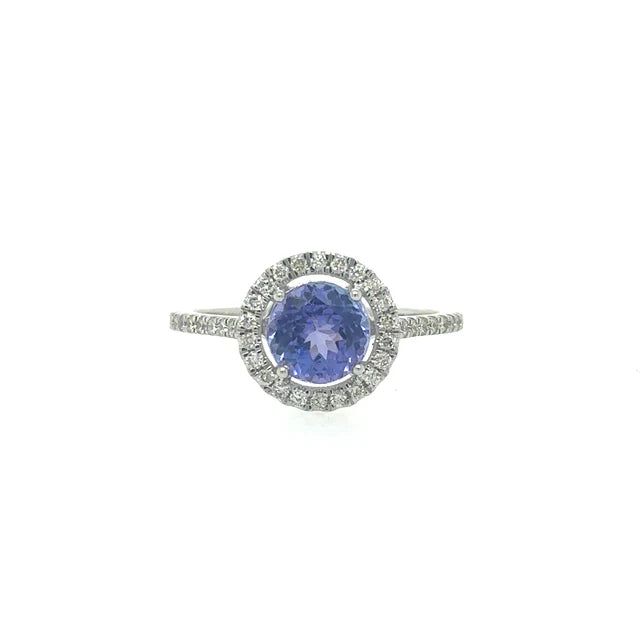 14KT WHITE GOLD TANZANITE ROUND RING WITH DIAMONDS