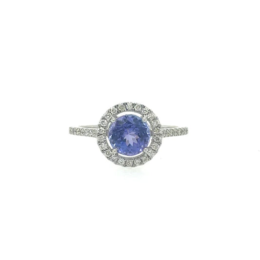 14KT WHITE GOLD TANZANITE ROUND RING WITH DIAMONDS