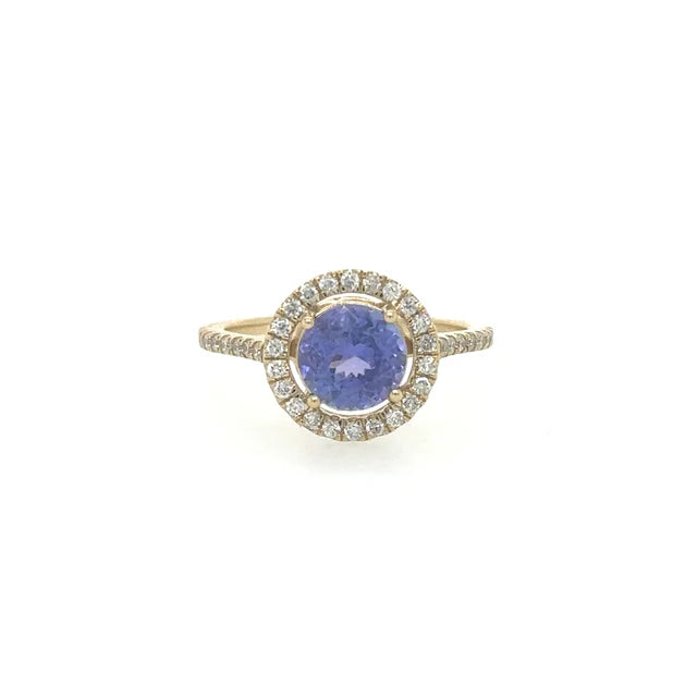 14KT YELLOW GOLD TANZANITE ROUND RING WITH DIAMONDS
