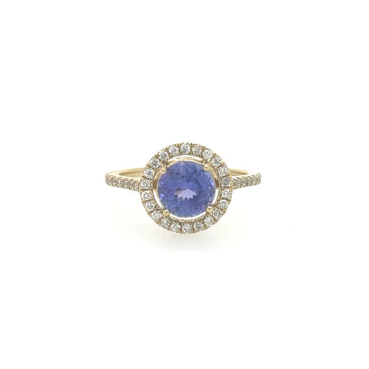 14KT YELLOW GOLD TANZANITE ROUND RING WITH DIAMONDS