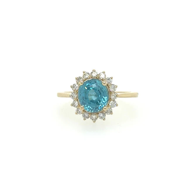 14KT YELLOW GOLD NATURAL BLUE ZIRCON RING WITH DIAMONDS