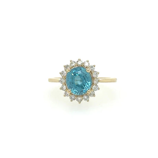14KT YELLOW GOLD NATURAL BLUE ZIRCON RING WITH DIAMONDS