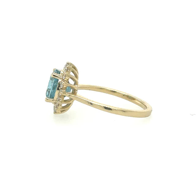 14KT YELLOW GOLD NATURAL BLUE ZIRCON RING WITH DIAMONDS