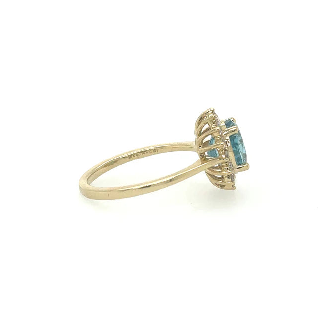 14KT YELLOW GOLD NATURAL BLUE ZIRCON RING WITH DIAMONDS