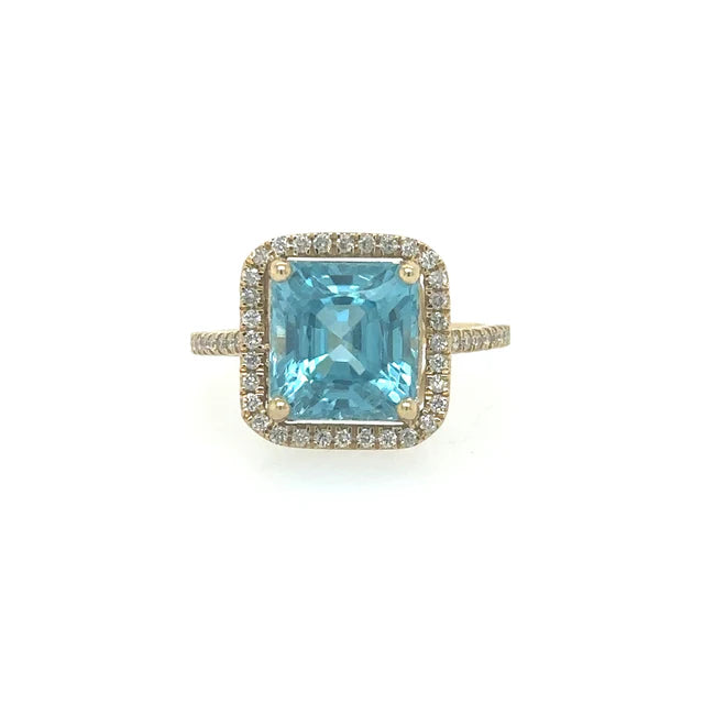 14KT YELLOW GOLD DIAMONDS AND BLUE ZIRCON RING