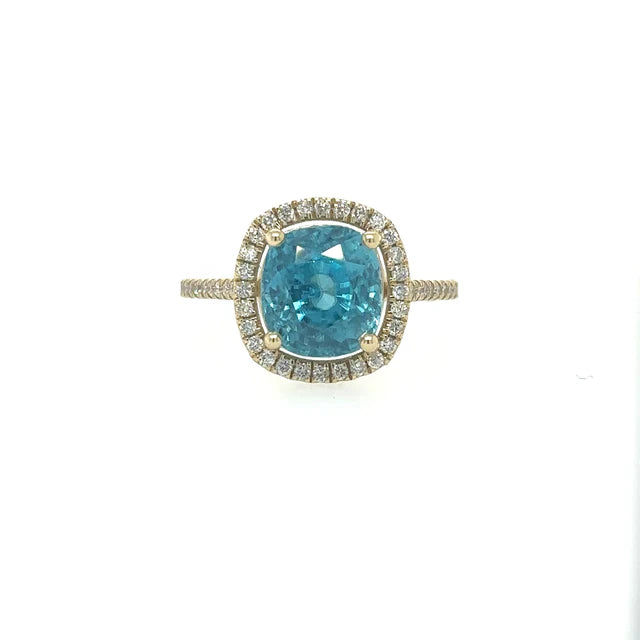 14KT YELLOW GOLD BLUE ZIRCON RING WITH DIAMONDS