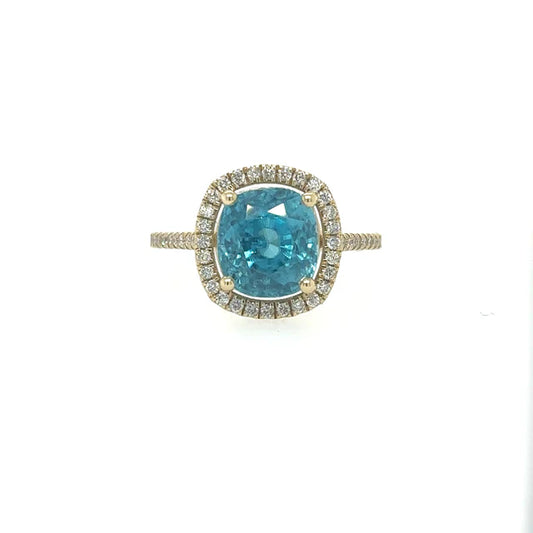 14KT YELLOW GOLD BLUE ZIRCON RING WITH DIAMONDS