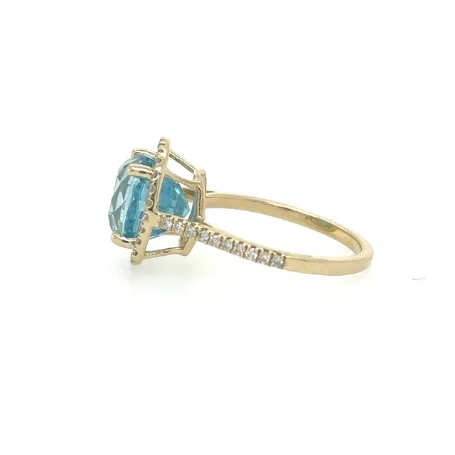 14KT YELLOW GOLD BLUE ZIRCON RING WITH DIAMONDS