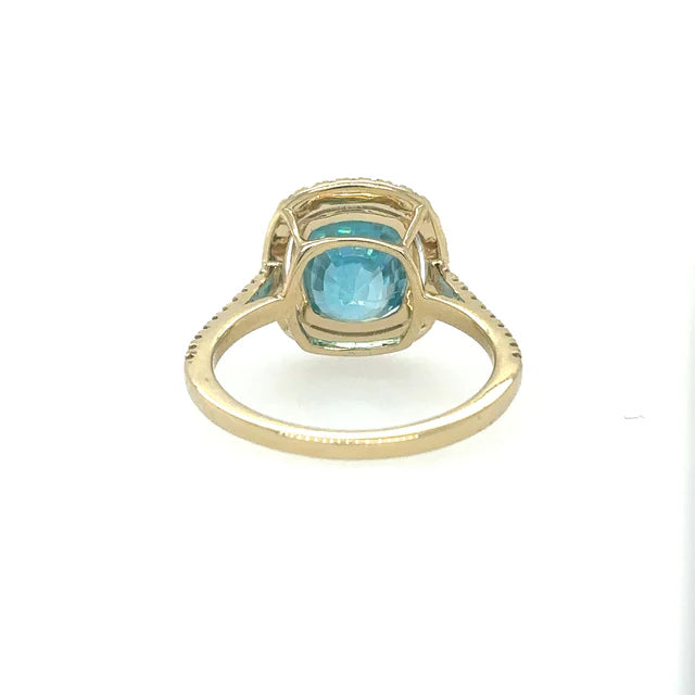 14KT YELLOW GOLD BLUE ZIRCON RING WITH DIAMONDS