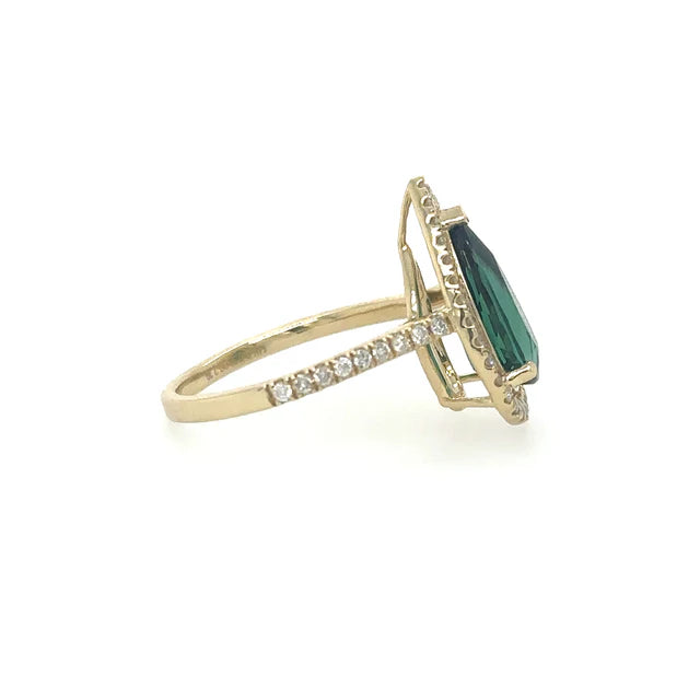14KT YELLOW GOLD PEAR SHAPE TOURMALINE RING WITH DIAMONDS