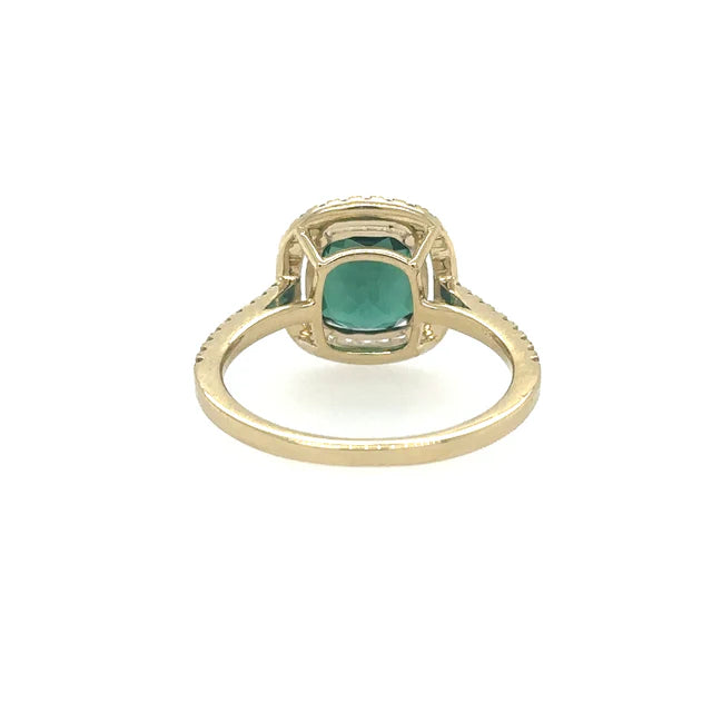 14KT YELLOW GOLD CUSHION SHAPE TOURMALINE RING WITH DIAMONDS