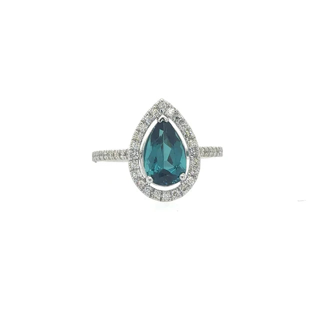 14KT WHITE GOLD PEAR SHAPE TOURMALINE RING WITH DIAMONDS