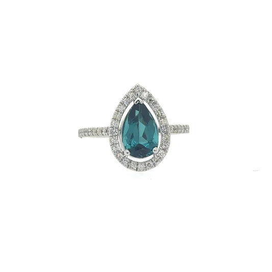 14KT WHITE GOLD PEAR SHAPE TOURMALINE RING WITH DIAMONDS